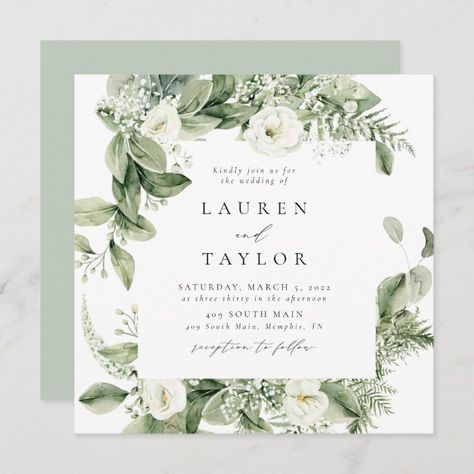 Wedding Invitations Flower, Wedding Invitation Green, Square Wedding Invitations, Green Invitations, White Roses Wedding, Digital Invitations Wedding, Flowers And Greenery, Sage Wedding, Botanical Wedding Invitations