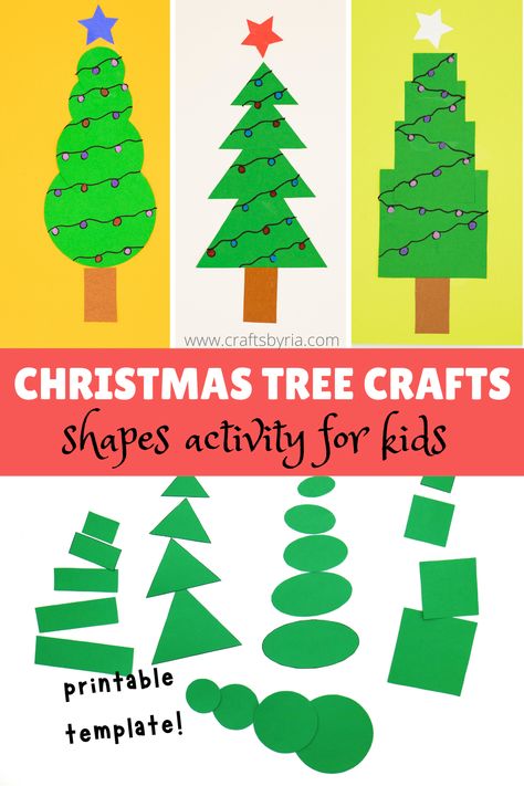 Kids can learn basic shapes with our simple shapes Christmas tree craft. We have printable templates for each shape and it is a low prep activity that you can do with toddlers, kindergarteners, and school-age kids.We have made a Christmas tree using triangles, squares, rectangles, circles, and oval shapes. #craftsbyria Shape Trees Preschool, Shape Tree Craft, Shape Christmas Crafts, Christmas Shape Crafts, Christmas Shape Activities, Preschool Christmas Tree Crafts, Craft With Shapes, Christmas Tree Crafts Preschool, Square Activities