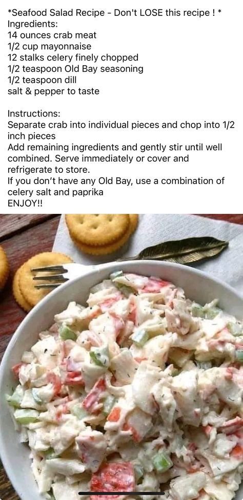 Crab Meat Salad Recipe, Crab Pasta Salad, Crab Salad Recipe, Sea Food Salad Recipes, Lent Recipes, Easy Meat Recipes, Crab Salad, Seafood Salad, Cooking Seafood