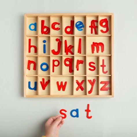 We have a variety of Montessori toys and educational resources to support your child's development at home. Shop them all on our website www.fourkidstoys.com Spelling For Kids, Montessori Language, Alphabet Toys, Brain Teasers For Kids, Preschool Language, Learning Materials, Letters For Kids, Shape Puzzles, Montessori Materials