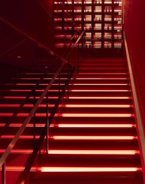 Office design: the latest trends in workspace architecture Workspace Architecture, Red Architecture, Stairs Lighting, Contemporary Office Design, Architect Logo, Red Office, 80s Interior, Medical Office Design, Office Wallpaper