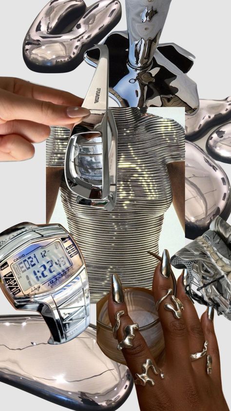 Y2k Metal Aesthetic, Silver Chrome Outfits, Chrome Fashion Aesthetic, Chrome Aesthetic Outfit, Chrome Swimsuit, Y2k Vibes Wallpaper, Chrome Aesthetic Wallpaper, Chrome Background Aesthetic, Chrome Outfits