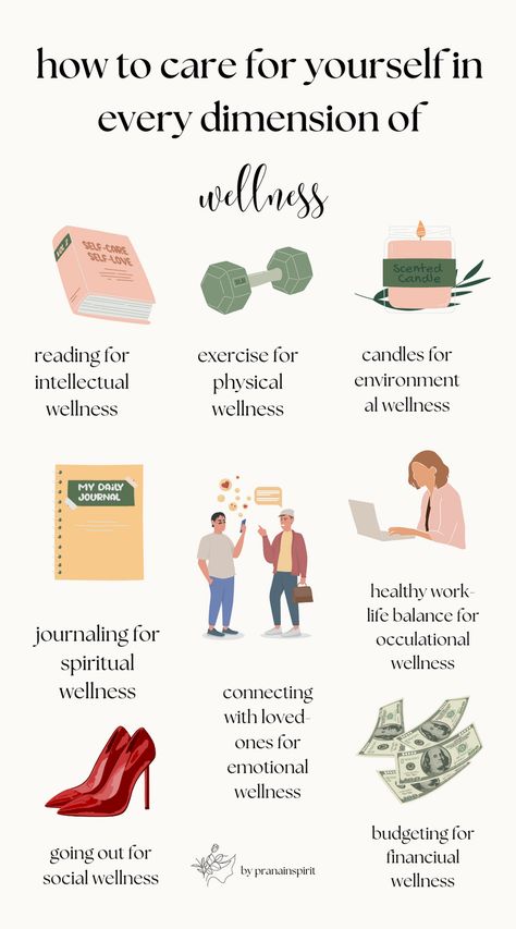 Here are some nourishing self-care ideas for every dimension of wellness.  #emotionalwellness #mentalwellness #physicalwellness #selfcare #stretching #highmaintenance #reading #journaling #healthyhabits #maincharacter #wellnessideas #wellnesstips #reading Nurturing Aesthetic, Wellness Day, Wellness Room, Sedentary Lifestyle, Self Care Bullet Journal, Physical Environment, Balanced Life, Healthy Work, Life Ideas