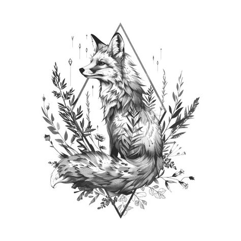 Fox vintage diamond shape plants - Foxes - T-Shirt | TeePublic Fox And Tree Tattoo, Fox And Forest Tattoo, Autumn Fox Tattoo, Fox Nature Tattoo, Geometric Fox Tattoo Design, Line Art Fox Tattoo, Fox Shoulder Tattoo, Fox And Mushroom Tattoo, Deer And Fox Tattoo