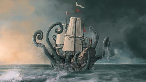 ArtStation - PBS Digital - Monstrum Episode 5 "Kraken attacks ship", Samuel Allan Kraken Monster, Cthulhu Tattoo, Sea Pirates, The Kraken, Man Illustration, Ghost Ship, Ship Drawing, Dungeons And Dragons Characters, York London