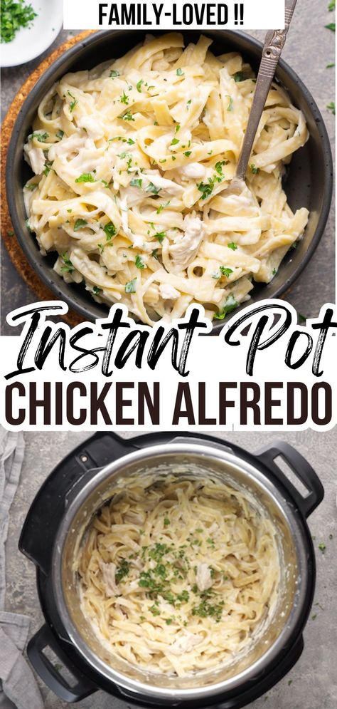 top image: Chicken Alfredo in black bowl with fork twisting up noodles. bottom image: chicken alfredo in Instant Pot. Title text: Instant Pot Chicken Alfredo. Family-loved!! Instant Pot Chicken Alfredo, Alfredo Chicken, Pasta Alfredo, Chicken Alfredo Recipes, Chicken Alfredo Pasta, Recipe Critic, One Pot Meal, Easy One Pot Meals, Instant Pot Recipes Chicken