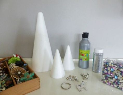 DIY Tutorial: A Vintage Jewel Christmas Tree - Kate Beavis Vintage Expert Styrofoam Jewelry Christmas Tree, Jewel Christmas Tree Diy, Vintage Jewelry Tree Diy, Diy Jewelry Christmas Tree, Jeweled Christmas Trees Diy, Beaded Christmas Tree Tutorial, Jewelry Christmas Tree Diy, Jewelry Christmas Tree How To Make A, Jewel Christmas Tree