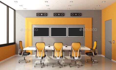 Gray and orange modern boardroom by archideaphoto. Gray and orange modern boardroom with meeting table office chairs and screen on wall ¨C 3d rendering#boardroom, #archideaphoto, #meeting, #Gray Meeting Table Office, Orange Office, Architectural Technologist, Office Wall Colors, Business Logo Inspiration, Meeting Room Design, Graphics Design Ideas, Meeting Table, Minimalist Logo Design