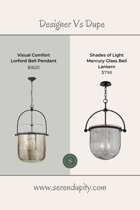 Are you in search of designer-style lighting without breaking the bank? Look no further than the Shades of Light Mercury Glass Bell Lantern—the perfect dupe for the Visual Comfort Lorford Smoke Bell Pendants. These stunning bell-shaped pendants offer the same beautiful, sophisticated look at a fraction of the price. Follow along for more amazing dupes and you can find the perfect lighting option for your home without sacrificing style! #designerlighting #designervsdupe #visualcomfort Lorford Bell Lantern, Bell Lantern Pendant, Mercury Glass Pendant Light, Glass Pendant Lighting Kitchen, Visual Comfort Lighting, Decorating A New Home, Shades Of Light, Lighting Options, Bell Pendant