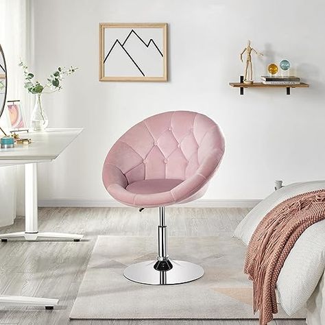 Yaheetech Living Room Vanity Chair Makeup Velvet Round Tufted Back Swivel Accent with Chrome Frame Height Adjustable for Room, Bedroom, Pink #amazonfinds #backtoschool #college #dormroom #cute #pink #university Puzzle Room, Round Swivel Chair, Living Room Vanity, Pink Vanity, Classy Bedroom, Room Vanity, Bags Pattern, Pink Living Room, Vanity Chair