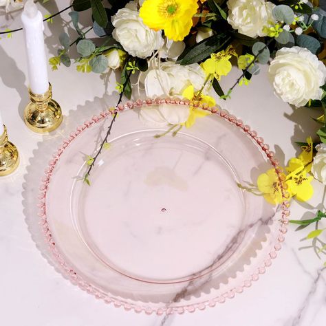 6 Pack - 12" Clear Plastic Round Charger Plates With Blush Beaded Rim Acrylic Charger Plates, Pipe And Drape Backdrop, Glass Charger Plates, Acrylic Plastic, Charger Plates, Beaded Trim, Event Catering, Different Light, Dining Decor