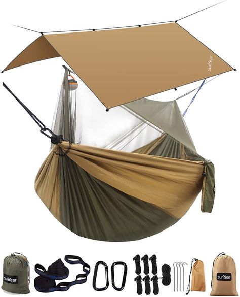 Amazon.com: Sunyear Hammock Camping with Rain Fly Tarp and Net, Portable Camping Hammock Double Tree Hammock Outdoor Indoor Backpacking Travel & Survival, 2 Tree Straps,100% Waterproof : Sports & Outdoors Survival Tent, Travel Hammock, Portable Hammock, Tent Stakes, Hammock Camping, Popular Brands, Backpacking Travel, Camping Trip, Tent Camping