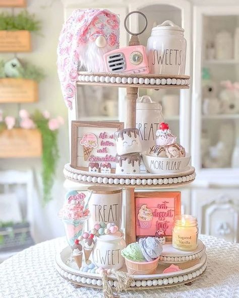 All posts • Instagram Dessert Tiered Tray, Vintage Tiered Tray Decor, Ice Cream Display Ideas, Winter Tiered Tray Ideas, Candle Store Display, Dessert Tier, Ice Cream Decor, Dresser Wall, Summer Tiered Tray Decor