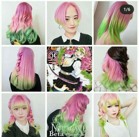 Demon Slayer Hair Dye Ideas, Demon Slayer Hair Dye, Anime Hair Color Ideas Real Life, Mitsuri Kanroji Hair Dye, Mitsuri Hair Color, Anime Inspired Hair Color, Anime Hair Dye Ideas, Mitsuri Hair Dye, Mitsuri Hairstyle