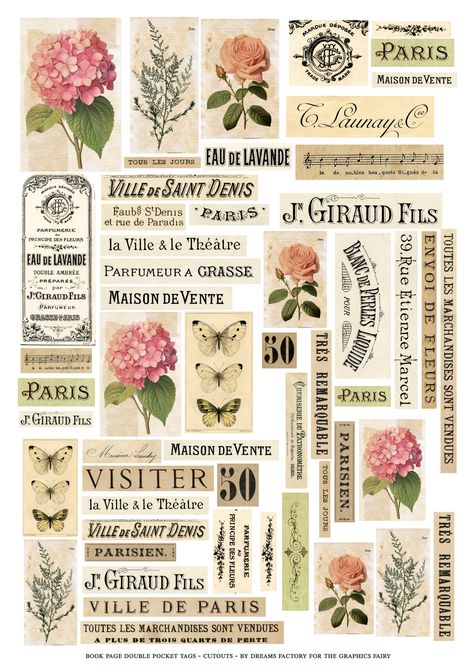 Book Page Tags: Double Pockets! - The Graphics Fairy Journal Printables Free, Vintage Paper Printable, Vintage Scrapbook Paper, French Ephemera, Etiquette Vintage, Scrapbook Printing, Free Vintage Printables, Diy Journal Books, Graphics Fairy