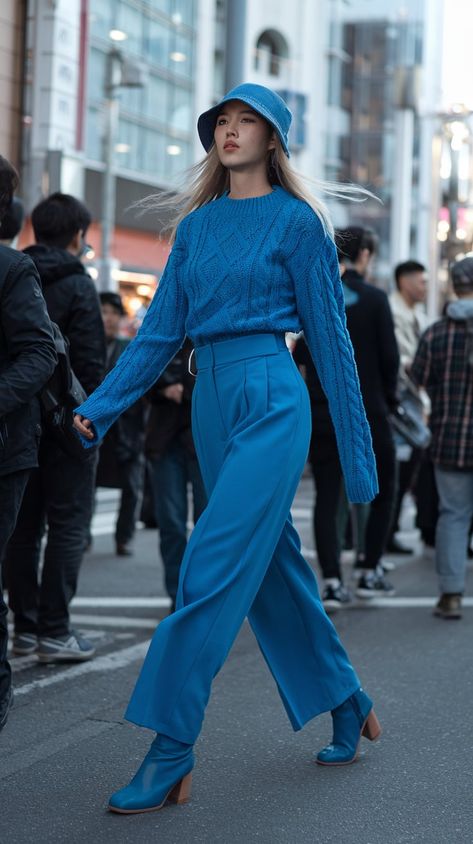 Be bold and blue in Osaka with your monochrome ensemble. Your intricate cable knit sweater oozes coziness, while your high-waisted wide-leg trousers lend a trendy counterpoint. The ankle boots keep things grounded and stylish, and the overall blue palette makes you a standout winter fashion icon that's difficult to overlook!  🌊❄ Monochromatic Outfit Casual, Blue Winter Outfits, Blue Monochromatic Outfit, Blue Outfit Winter, Cool Summer Palette, Amazing Costumes, Summer Palette, Mary Kate Ashley, Monochromatic Outfit