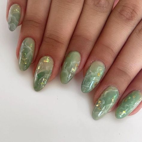 Jade Nails, Green Nail Designs, Gold Nail, Gem Nails, Crystal Nails, Prom Nails, Dream Nails, Funky Nails, Pretty Acrylic Nails