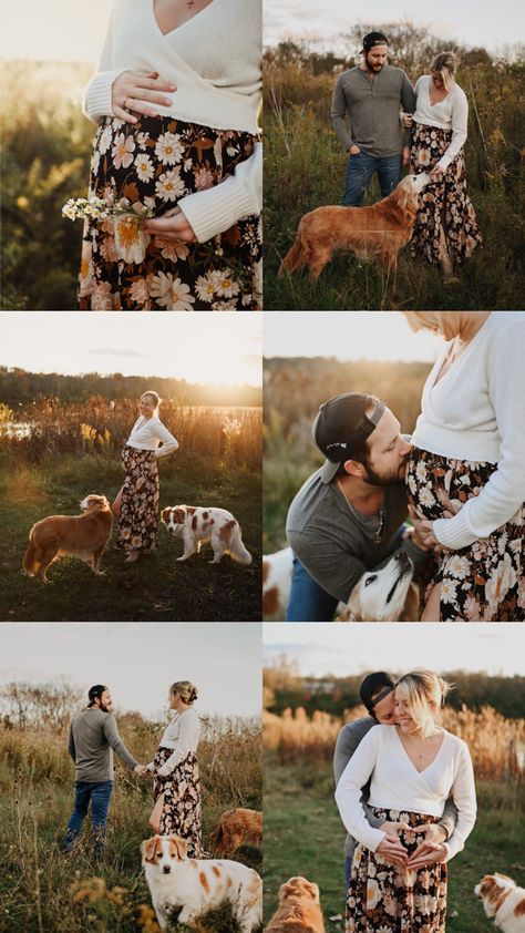 Fall maternity photos with dogs Fall Maternity Pictures With Dog, Maternity Shoot With Pets, Maternity Photo Shoot Ideas Outdoor With Dog, Maternity Photos With Dogs Ideas, Maternity Pictures With Dog And Husband, Pregnant Photoshoot With Dog, Maternity Pictures Dog, Maternity Photography Poses With Dogs, Maternity Picture With Dog