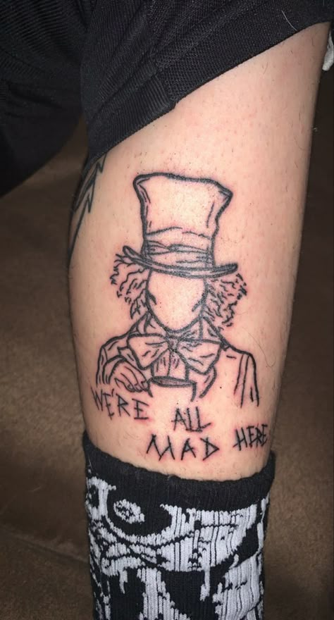 #Tattoo #mad hatter #Alice in wonderland #wlw #lgbtq #girls #girlswithtattoos Alice In Wonderland Half Sleeve Tattoo, Alice In Wonderland Thigh Tattoo, We’re All Mad Here Tattoos, Alice And Wonderland Tattoo, Simple Alice In Wonderland Tattoo, We're All Mad Here Tattoo, Alice In Wonderland Tattoo Ideas, Tattoo Alice In Wonderland, Hatter Tattoo