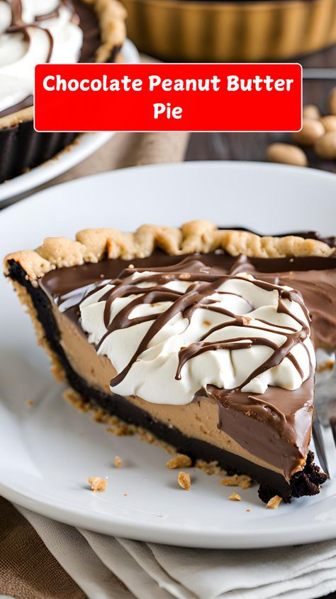 Indulge in this rich and creamy Chocolate Peanut Butter Pie! A decadent dessert with a buttery Oreo crust, luscious peanut butter filling, and topped with silky chocolate ganache. Perfect for chocolate and peanut butter lovers alike! Easy to make and impossible to resist. 😋🍫🥜 #ChocolatePeanutButterPie #DessertGoals #PeanutButterLovers #ChocolateDelight Creamy Peanut Butter Pie, Chocolate Peanut Butter Pie Recipe, Peanut Butter Banana Cream Pie, Peanut Butter Chocolate Pie, Christmas Pie Recipes, Peanut Butter Pie Recipe, Peanut Butter Cream Pie, Butter Pie Recipe, Peanut Butter Recipe