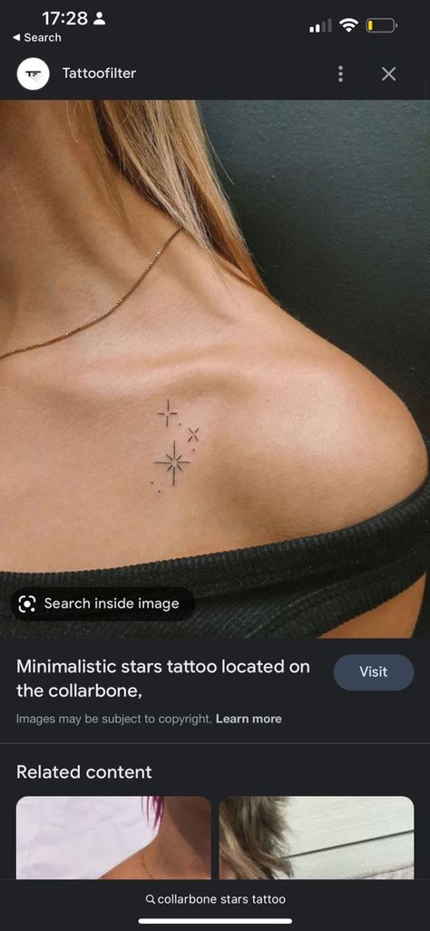 Fine Line Tattoo On Collarbone, Stars On Collarbone Tattoo, Tattoo Placement Collar Bone, Fine Line Tattoo Collar Bone, Collarbone Star Tattoo, Stars On Collar Bone Tattoo, Feminine Collar Bone Tattoos, Simple Collar Bone Tattoos, Tattoo Ideas Collarbone