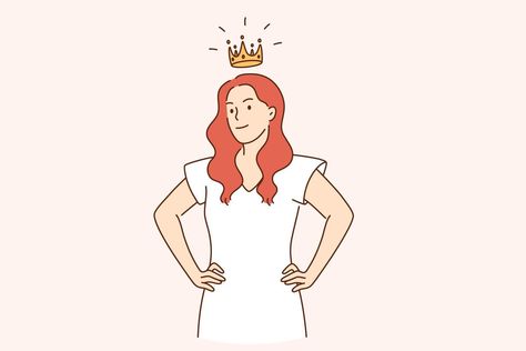 Selfish girl and society concept. Arrogant young woman cartoon character standing with crown above head feeling confident vector illustration Vector Illustration Character, Woman Cartoon, Aesthetic Fonts, Feeling Confident, Girls Illustration, Girl Drawing, Cartoon Character, Young Woman, Feel Confident