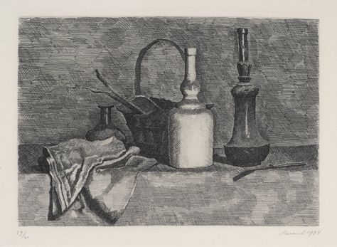 Still life with Drapery, 1927 — Giorgio Morandi, Private Collection Georgio Morandi, Observational Drawings, Giorgio Morandi, Dry Point, Contrast Art, Drawing Scenery, Still Life Artists, Modern Graphic Art, Etching Prints