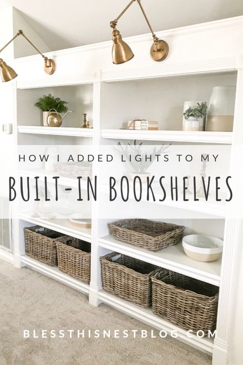 Lights Over Built Ins Bookshelves, Builtin Bookshelves, Bookshelf Makeover, Beach Decorations, Bookshelf Lighting, My Bookshelf, Bookcase Lighting, Farmhouse Look, Craft Techniques