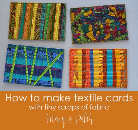 Textile Cards Fabric Art, How To Make Fabric Cards, Textile Postcards, Textile Cards, Fabric Note Cards, Quilted Cards, Patchwork Cards, Postcard Ideas, Scraps Of Fabric