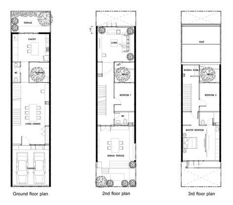 Narrow House Designs, Narrow House Plans, Narrow Lot House, Narrow Lot House Plans, Long House, Compact House, Townhouse Designs, Architectural Floor Plans, Narrow House