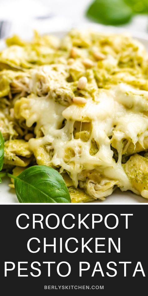 Plate of cheesy crockpot chicken pesto pasta. Pesto Crockpot Recipes, Pesto Crockpot Chicken, Chicken Pesto Crockpot, Crockpot Pesto Chicken Pasta, Pesto Chicken Crockpot Recipes, Shredded Pesto Chicken Crockpot, Chicken Pesto Tortellini Crockpot, Pesto Chicken Pasta Crockpot, Pesto Chicken Crockpot