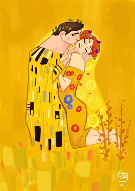 Famous Art Coloring, Kiss Illustration, Kiss Painting, Klimt Paintings, Klimt Art, Art Parody, Book Illustration Art, The Kiss, Famous Art