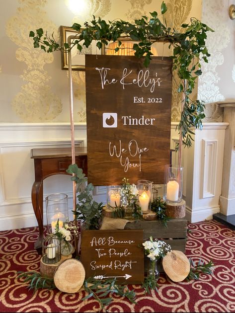 Rustic timber tinder wedding sign with fresh foliage and candles Tinder Wedding, Wedding Welcome Board, Wedding Cake Alternatives, Wedding Planning Decor, Online Wedding, Bridal Shower Theme, Dreamy Wedding, Rustic Wedding Decor, Wedding Floral