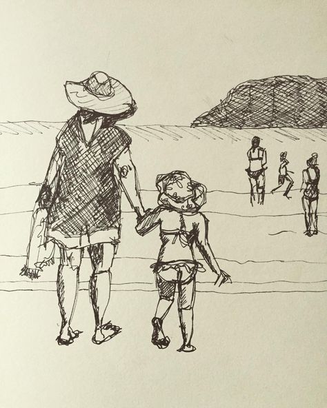 Pen Sketches People, Back Of Person Drawing, Summer Sketches Ideas, At The Beach Drawing, Beach Drawing Sketches, Summer Drawing Ideas, Trip Drawing, Summer Sketchbook, Beach Sketch