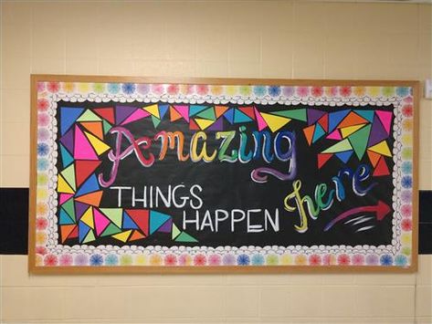 amazing things happen here Guidance Bulletin Boards, Amazing Things Happen Here, School Bulletin Board Ideas, Kids Bulletin Boards, Art Bulletin Boards, Art Room Posters, High School Math Classroom, Elementary Art Rooms, School Board Decoration