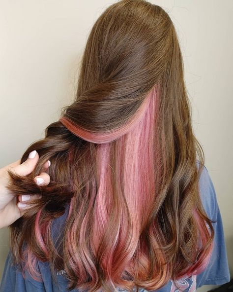 17 Brown Hair Ideas With Black, Blue, Pink and Purple Underneath Pink And Purple Lowlights, Light Pink Underneath Hair Dark Brown, Light Brown Hair With Pink Highlights Underneath, Blond Brown And Purple Hair, Blue And Pink Peekaboo Hair, Peekaboo Highlights For Light Brown Hair, Brown Hair Pink Peekaboo, Light Brown Hair With Pop Of Color, Pastel Pink Underneath Hair