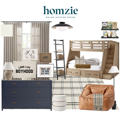 We loved designing this neutral boy's bedroom our virtual interior design client. This space features a a wood twin-over-full bunk bed, a contrasting plaid area rug, a leather bean bag chair and navy 6 drawer dresser, boyhood wall decor to tie the room together. 

Shop this design by following @homziedesigns on the LTK app! 
Work 1:1 with a Homzie virtual interior designer for a low flat-rate and receive a custom, shoppable decorating plan! - all online. Get started homziedesigns.com/work-with-u Toddler Boy Room With Bunk Beds, Boys Bunk Bedroom Ideas, Boys Bedroom Ideas With Bunk Beds, Boys Room With Bunk Beds, Room Ideas With Bunk Beds, Boys Bunkbed Bedroom Ideas, Industrial Boys Bedroom, Boys Bedroom Bunk Beds, Boys Room Bunk Beds