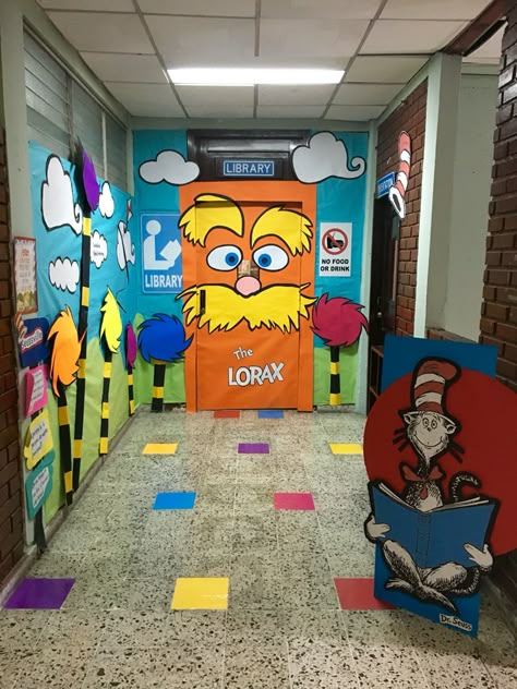 Dr Suess Decorations Diy, Lorax Decorations, Homecoming Decorations Hallway, Seuss Decorations, Dr Seuss Classroom Theme, Dr Seuss Decorations, Imagination Library, Christmas Desk Decorations, Library Door