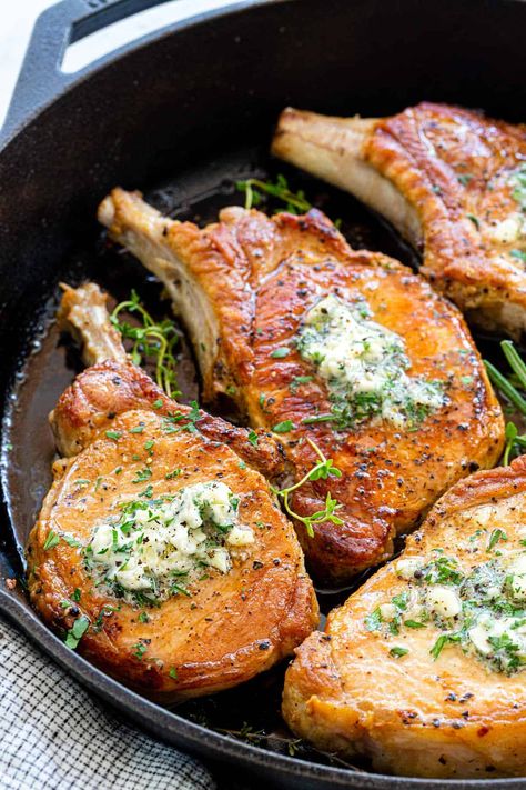 Pan-Fried Pork Chops with Garlic Butter Bone In Pork Chop Recipe Pan Fried, French Bone In Pork Chops, French Cut Pork Chop Recipes, French Pork Chops, Pan Fried Bone In Pork Chops, Stove Top Pork Chops Bone In, Pan Seared Pork Chops Bone In, Pan Fried Pork Chops Bone In, Pork Chops On Stove Top