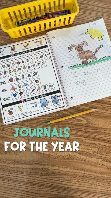 I like to use the same journal all year for my students so we this helpful writing card to organize that.  

It’s so easy – train your students to lift one page and place under the flap to hold their spot! Here’s how to set them up…  

Print the FREE writing card at 90%

Laminate and trim the writing card

Use regular box tape to attach it to the front cover of notebook

IMPORTANT: Leave a space so there’s room to grow when it folds into the notebook

Teach students to flip the writing card page into the front cover for every new page they use!

Perfect for documenting students’ growth all year long!

❤️ 🙋🏻‍♀️ Grab your free card on the blog at SimplyKinder.com! Monthly Writing Journals First Grade, My First Grade Goals, Elementary Sped Activities, Writing Notebook Label, Phonics Notebook First Grade, Elementary Center Ideas, Writing Center For Kindergarten, Grade 1 Literacy Centers, How To Make Learning Fun