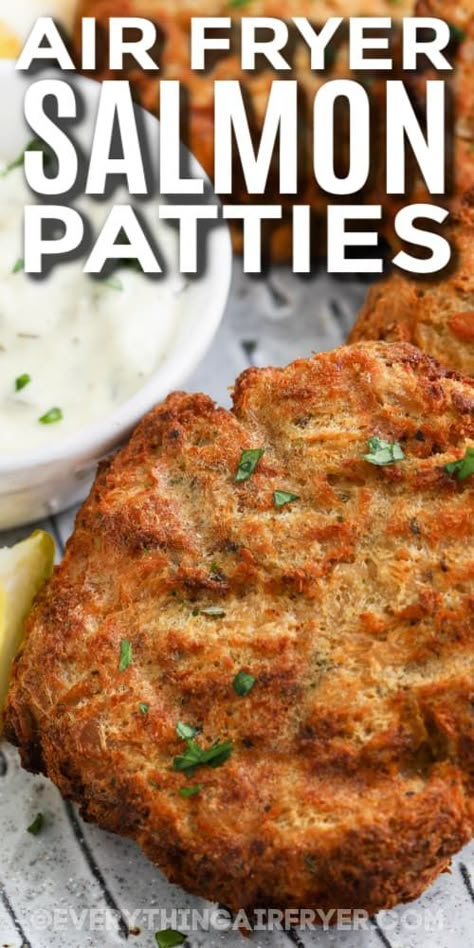 Air fryer salmon patties are a cinch to make and they taste great! Make these crispy and flavorful patties with just a few easy ingredients like canned or frozen salmon, seasonings, and egg. Use keto breadcrumbs, if you wish, to keep the recipe low carb. Any way you make salmon patties in the air fryer, they are sure to be delicious! #everythingairfryer #airfryersalmonpatties #salmonpattiesintheairfryer #easyrecipecanned Canned Salmon Patties Air Fryer, Salmon Patty Air Fryer Recipes, Canned Salmon Patties Recipe Easy Air Fryer, Salmon Cakes With Canned Salmon Air Fryer, Air Fried Salmon Patties, Salmon Patty Recipes Canned, Air Fryer Salmon Patties Easy, Airfryer Salmon Patties, Air Fry Salmon Patties