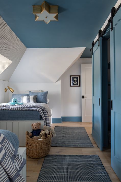 Newport, RI | Kids Bedroom for Twin Boys Blue Painted Ceiling, Attic Bedroom Ideas For Kids, Blue Boys Room, Loft Bedrooms, Blue Kids Room, Blue Boys Bedroom, Boys Room Blue, Childrens Rooms, Boy Toddler Bedroom