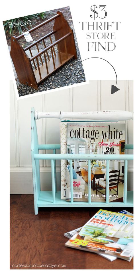 Magazine rack updated from confessionsofaserialdiyer. Magazine Rack Repurposed, Diy Magazine Holder, Wooden Magazine Rack, Thrift Store Makeover, Old Magazine, Magazine Racks, Diy Organizer, Thrift Store Crafts, Apartment Diy