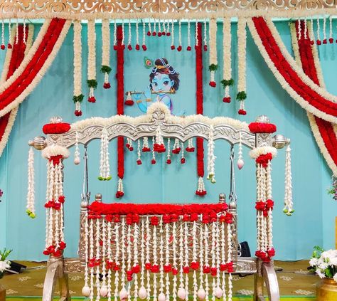 Barasala Decoration At Home, Barasala Decoration, Uyyala Function, Ceremony Decorations Indoor, Cradle Decoration, Naming Ceremony Decoration, Boy Photoshoot, Pregnancy Ideas, Simple Stage Decorations