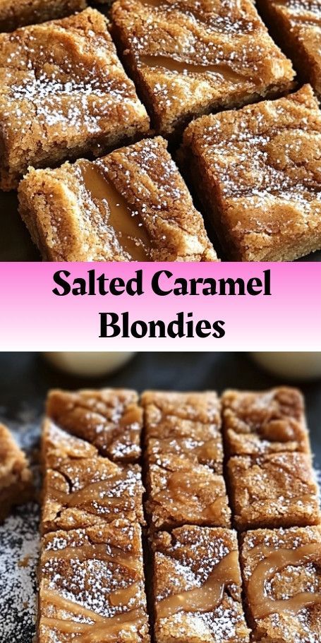 "Irresistible Salted Caramel Blondies Recipe - Yummy Desserts for Fall Baking" Description: Indulge in the rich and buttery flavors of these Salted Caramel Blondies. These gooey treats combine the sweetness of caramel with a hint of sea salt, creating a delightful contrast that will have you coming back for more. #SaltedCaramelBlondies #BakingLove #DessertGoals #CaramelLovers #FallBaking #BlondieRecipe #SweetsandTreats #YummyDesserts Salted Caramel Blondies Recipe, Chewy Blondies Recipe, Desserts For Fall, Salted Caramel Cookie Bars, Caramel Blondies, Caramel Blondie, Salted Caramel Bars, Caramel Cookies Bars, Salted Caramel Cookies