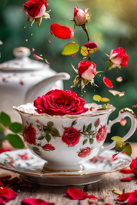 porcelain teaset, red roses, floral design, vintage style, tea party, elegant decor, china collection, home decor, gift idea, romantic table setting White Tea Party, Romantic Table Setting, China Collection, Romantic Table, Tea Party Decorations, Red Tea, Elegant Decor, White Tea, Design Vintage