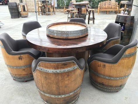 5' Round Table with barrel chairs and an XL lazy susan. Small Pub Table, Wine Barrel Chairs, Whiskey Barrel Table, Whiskey Barrel Furniture, Rustic Table Setting, Barrel Projects, Wine Barrel Furniture, Barrel Decor, Barrel Bar