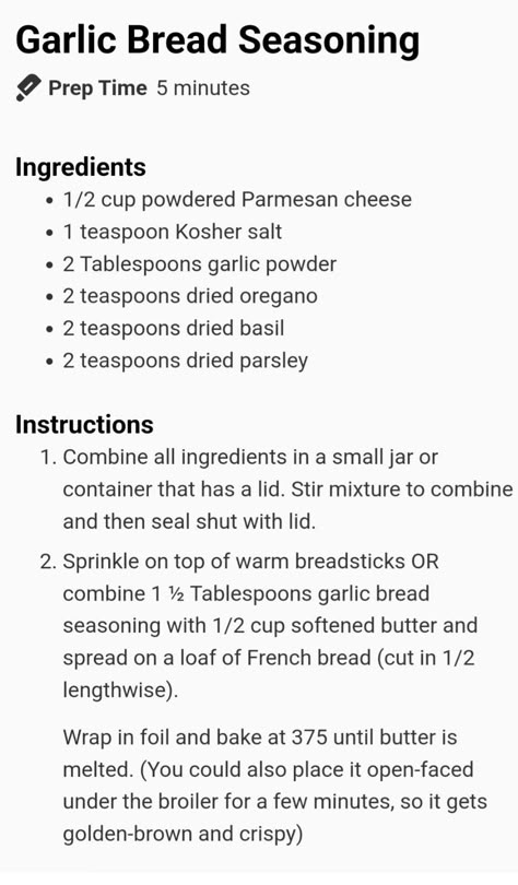 Homemade Baking Mixes, Garlic Bread Seasoning, Bread Seasoning, Diy Seasonings, Healthy Ground Beef Recipes, Homemade Dry Mixes, Homemade Seasoning, Diy Mixes, Recipes With Ground Beef