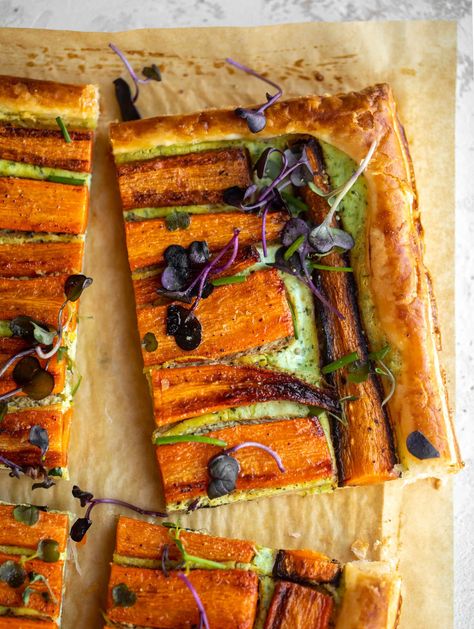 Root Vegetable Tart, Carrot Greens Recipe, Vegetarian Entrees Main Dishes, Carrot Puff, Broccoli Tart, Vegan Finger Food, Carrot Tart, Quiche Brunch, Vegetable Tart Recipes