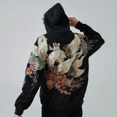 Black Jacket Hoodie, Japanese Hoodie, Estilo Harajuku, Fox Hoodie, Hip Hop Sweatshirts, Streetwear Mode, Embroidery Hoodie, Streetwear Hoodie, Unique Hoodies